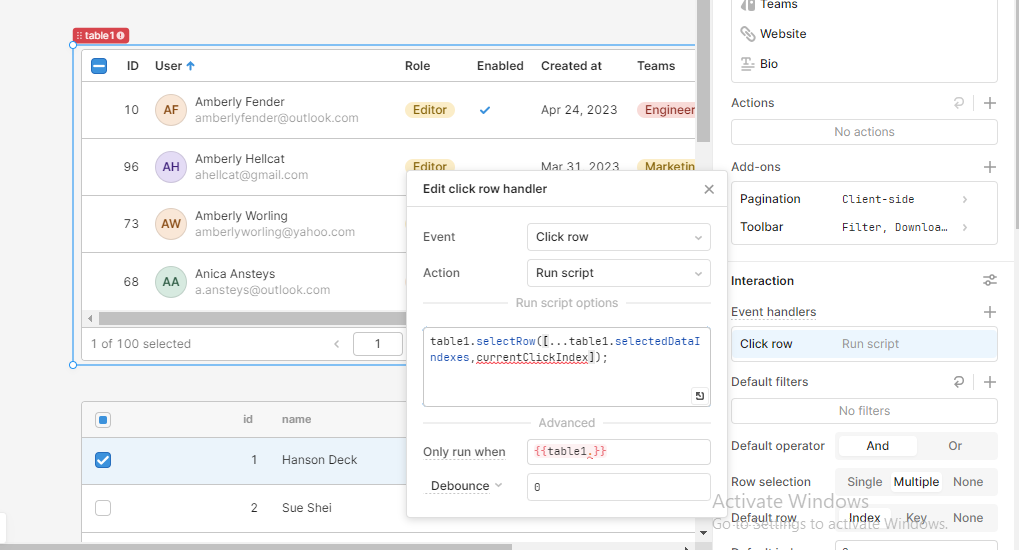 How to find the index of click row when row select change in new