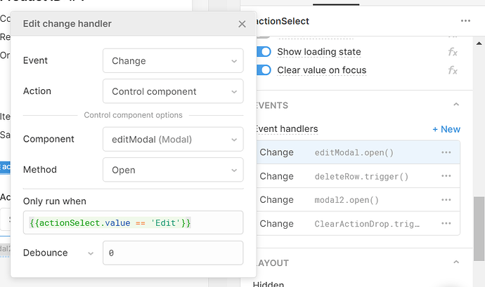 dropdown settings, click handlers which trigger modals to open when selected