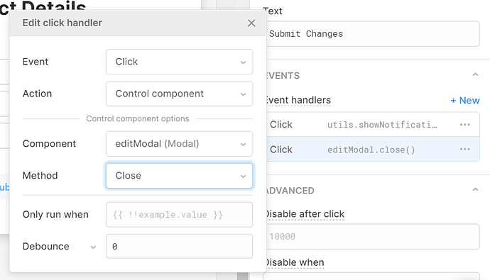 click handler in retool which closes the modal on click