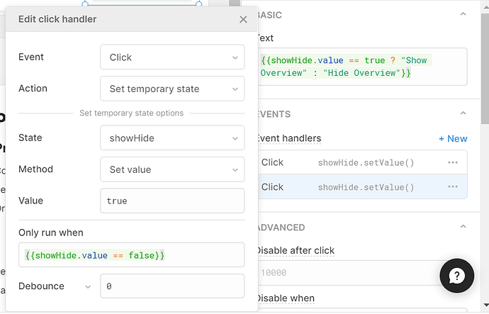 click handler for show/hide button which switches temp state
