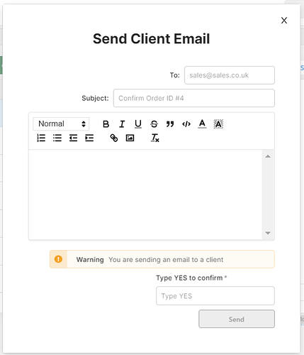 send email modal with a confirmation message and 'type YES to continue' validation