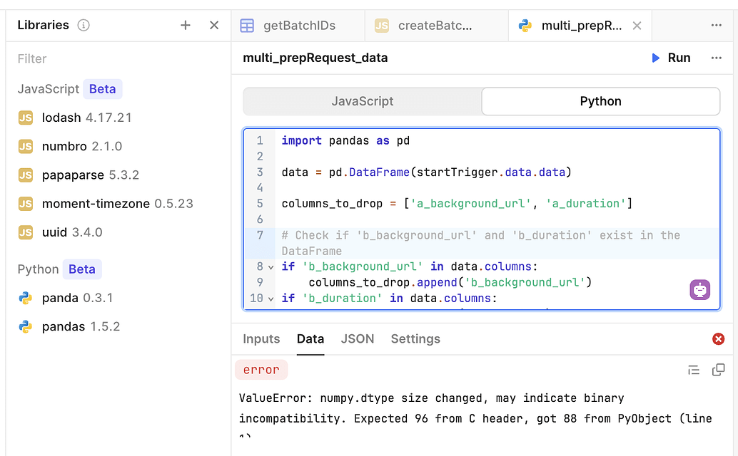 Pandas / python code blocks not working - 💬 Workflows - Retool Forum