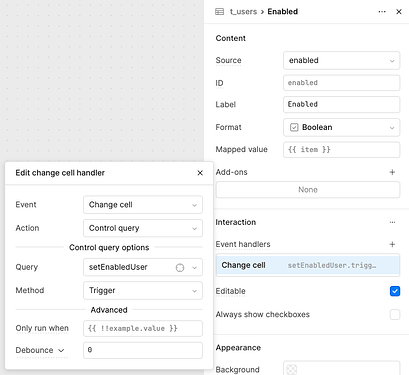 Column config showing the Change Cell event handler