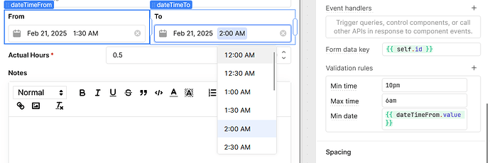 min time not working. It should start at 10pm, not 12am.