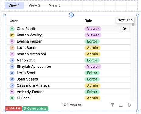 Hover over table row showing row action icon and "next tab" tool tip.