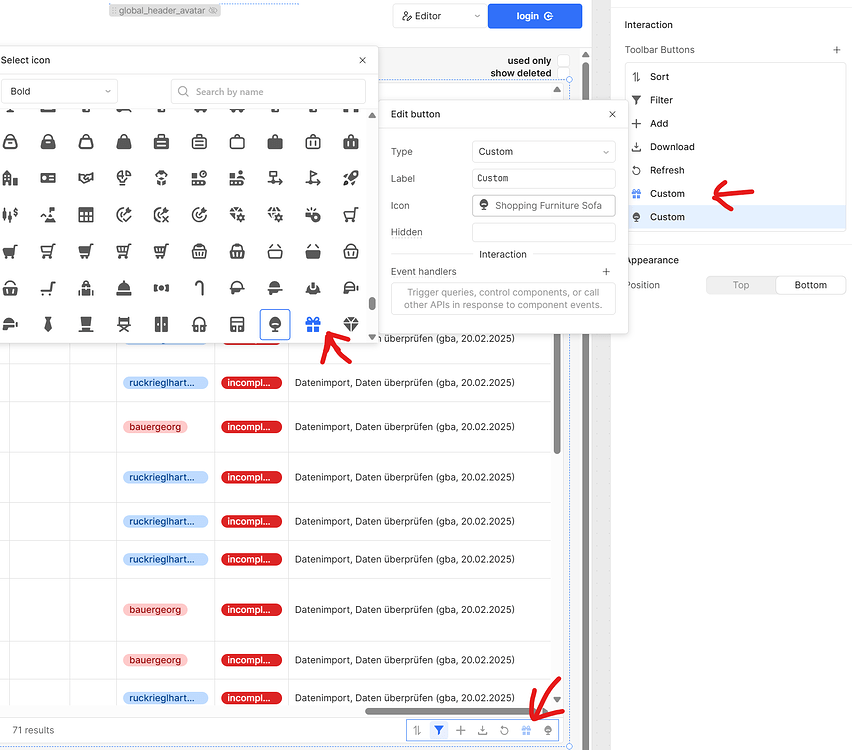 Custom toolbar button of table colored blue: lika a toggle button - 💬 ...