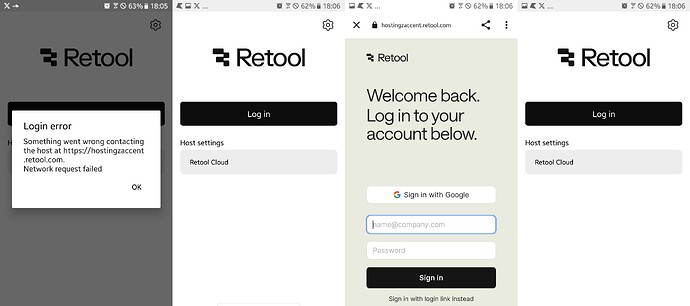 Retool login error on Android 7