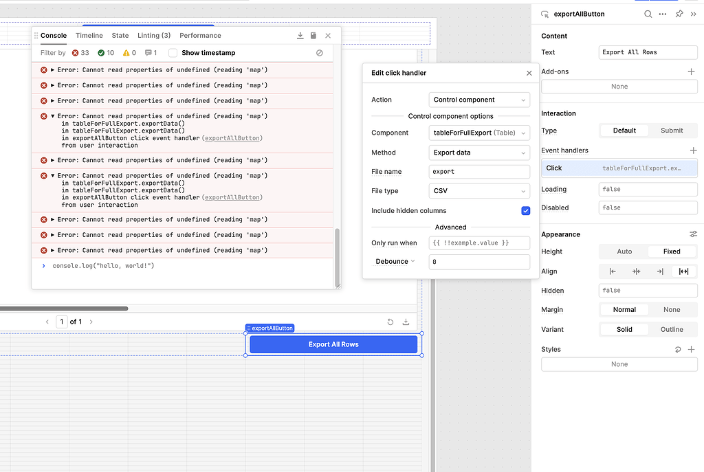 table.exportData() function not working when called from button - 💬 App ...