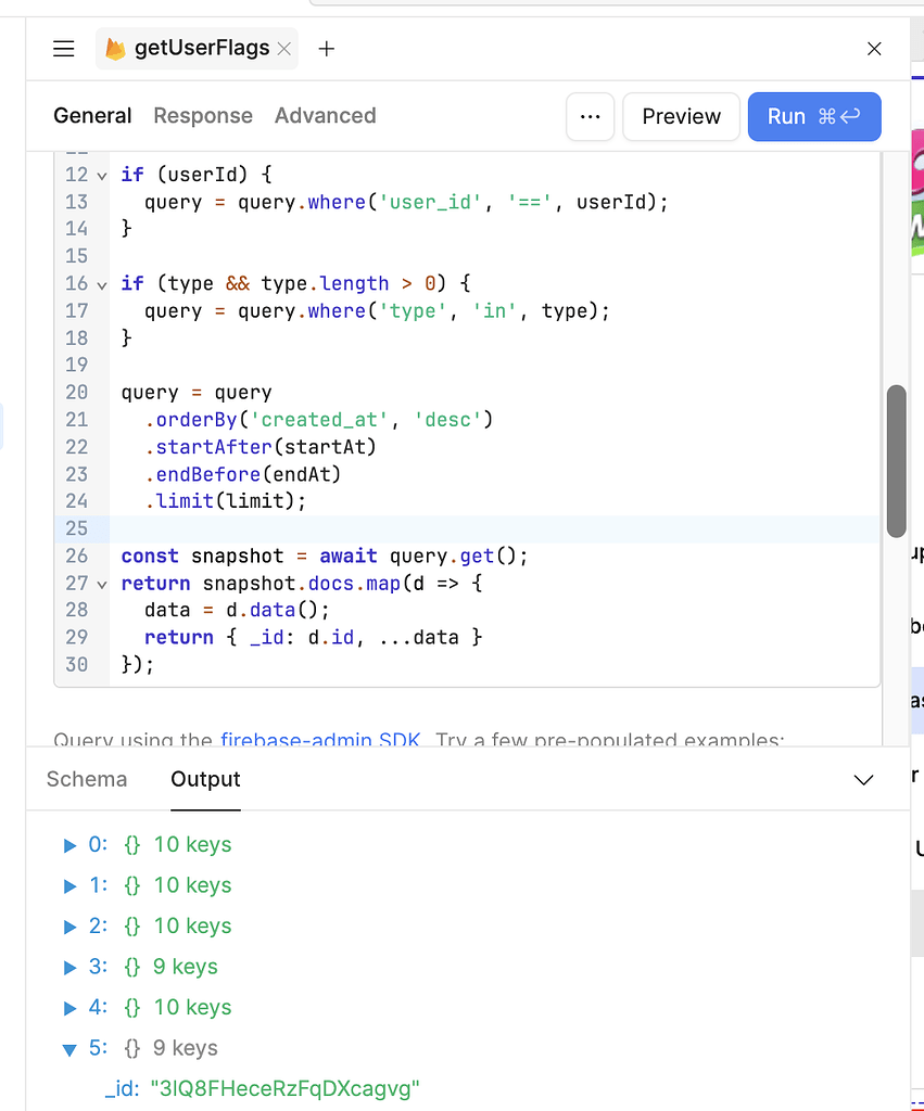 Firestore queries with "Raw Mode" return: The code terminated for an ...