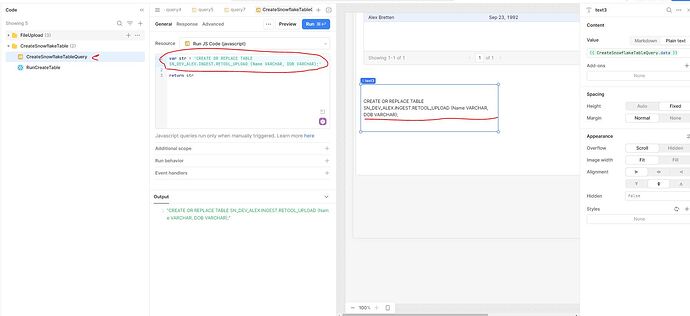 JavaScript - Create Table Statement