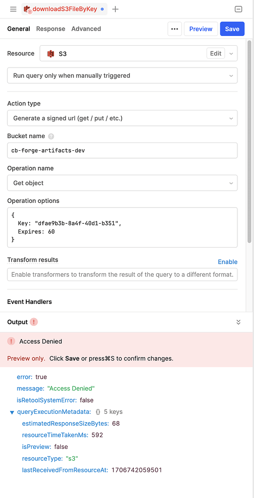 S3 get object signed URL permission denied but download file works