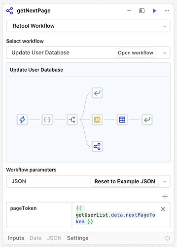 Screenshot showing the ‘getNextPage’ workflow step, where the ‘Update User Database’ workflow is selected. The diagram highlights the recursive step that loops back using the ‘pageToken’ parameter, dynamically set with {{ getUserList.data.nextPageToken }}, allowing the workflow to fetch subsequent pages until no more tokens are available.