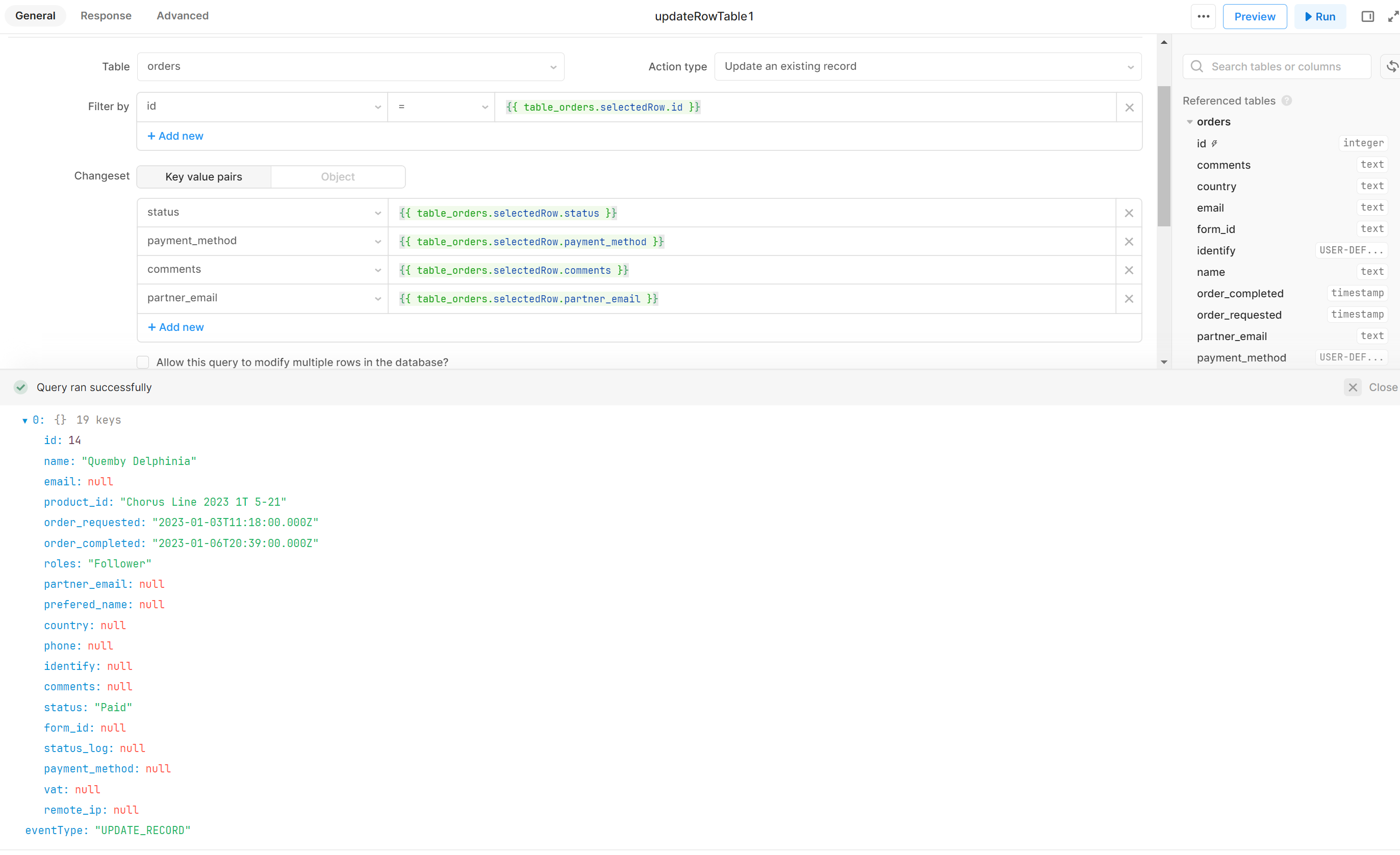 Updating single Row via table widget Queries and Resources